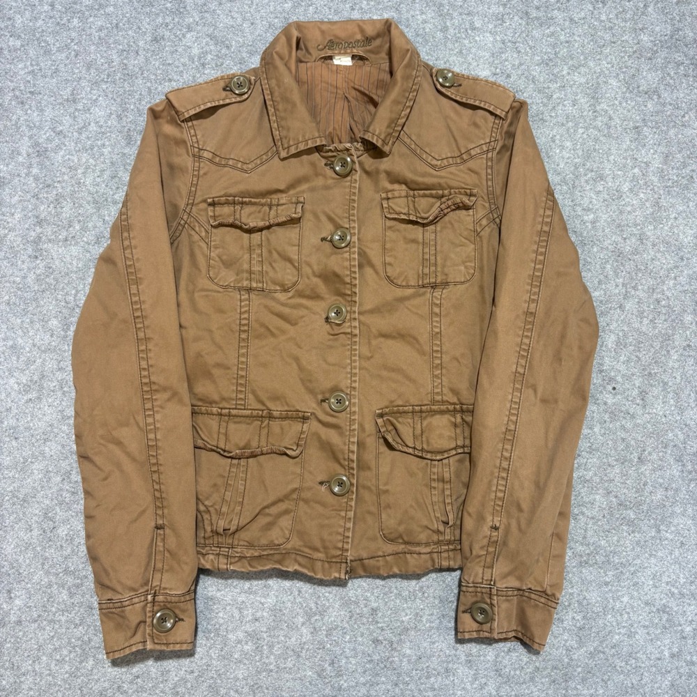 Aeropostale Womens Tan Brown Utility Military Field Jacket Cotton Twill M